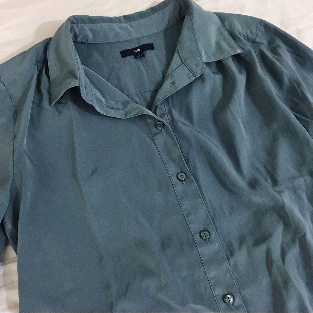 Pale teal silky button down top